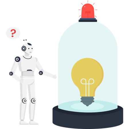Artificial intelligence robot questioning a protected lightbulb idea under a glass dome with a flashing red alarm  Illustration
