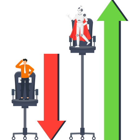 Artificial intelligence robot replacing human worker on business growth chart showing automation success Illustration