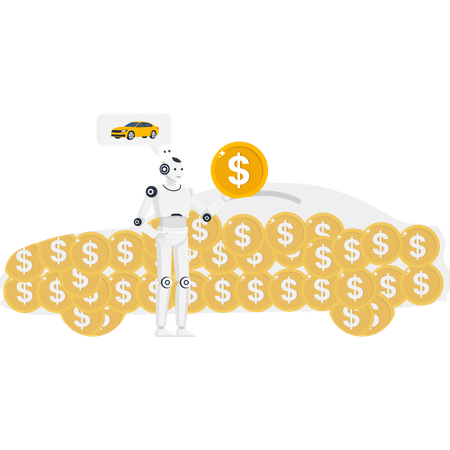 Artificial intelligence robot saving money for car purchase with gold dollar coins  Illustration