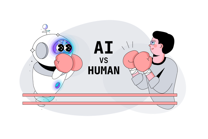 Artificial Intelligence Robot versus human fight in the ring  Illustration