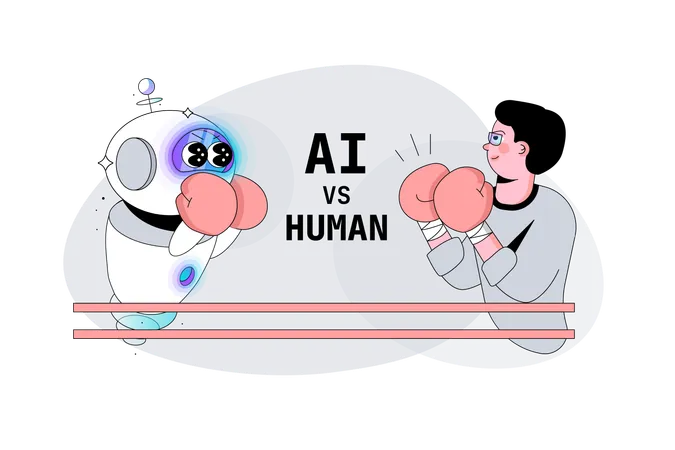 Artificial Intelligence Robot versus human fight in the ring  Illustration