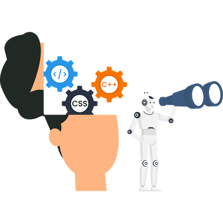 Artificial intelligence robot with binoculars analyzing human mind with programming language gears for CSS and C++ Illustration