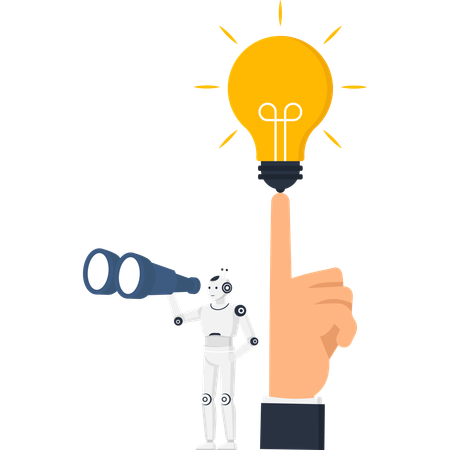 Artificial intelligence robot with binoculars looking at a lightbulb idea presented by a human hand for innovation and discovery  Illustration