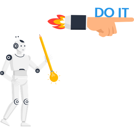 Artificial intelligence robot with creative idea pencil receiving motivational command from pointing rocket hand with text Do It  Illustration