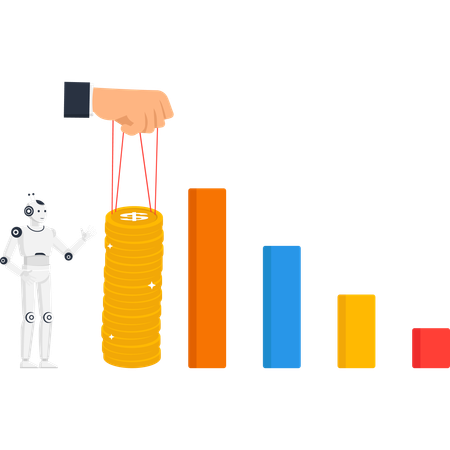 Artificial intelligence robot with hand manipulating money next to a declining financial bar graph showing economic recession and market manipulation  Illustration
