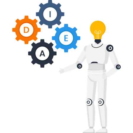 Artificial intelligence robot with lightbulb head and idea gears mechanism for innovation  Illustration