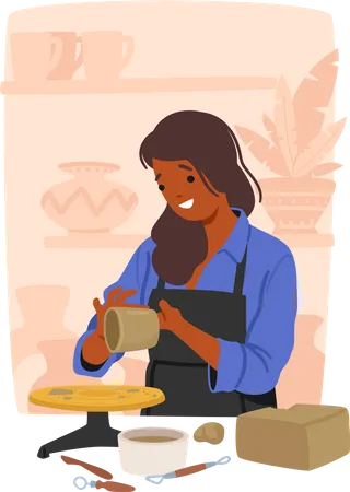 Artisan Female Character Shaping Clay Crafting Beautiful Vessel Skillful Carve And Glaze Transforming Raw Material Into Functional And Artistic Pottery Pieces Cartoon People Vector Illustration Illustration