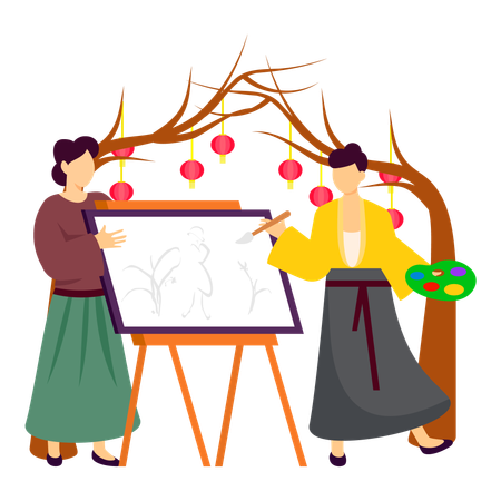 Dames faisant de la peinture sur toile au nouvel an  Illustration