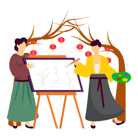 Dames faisant de la peinture sur toile au nouvel an  Illustration