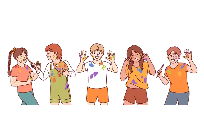 Artist children with paint stains on hands and clothes rejoice at opportunity to develop creativity  Illustration
