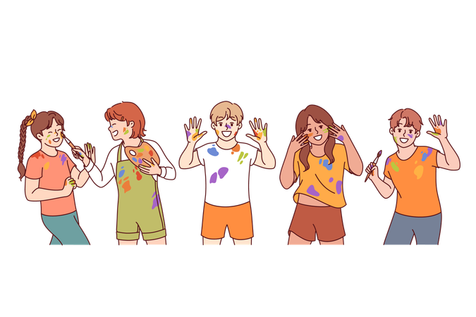 Artist children with paint stains on hands and clothes rejoice at opportunity to develop creativity  Illustration