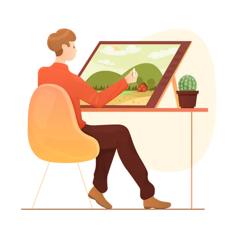 Artist Drawing Nature Landscape On Tablet Art Design Vector Illustration Cartoon Young Man Sitting At Table To Draw Modern Digital Picture With Stylus Process Of Graphic Designers Work Or Study Illustration