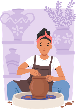 Artist Female Shaping Clay On Wheel  Illustration