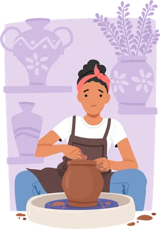 Artist Female Shaping Clay On Wheel  Illustration