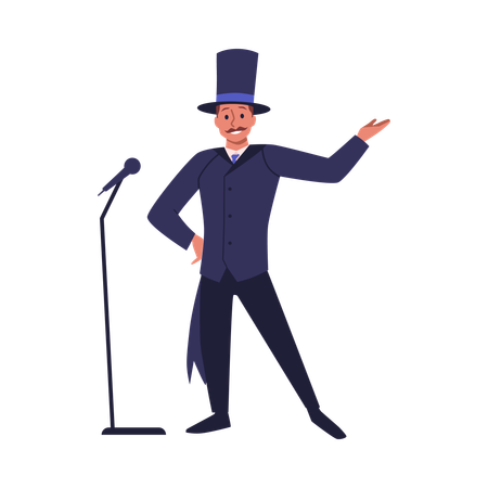Artist man in elegant suit and cylinder hat with microphone v  Illustration