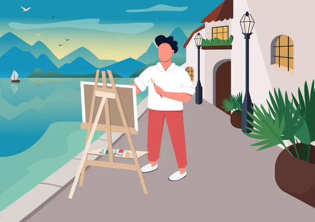 Artist painting at seaside  Illustration