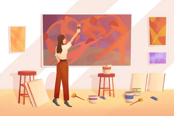 Artist Painting Picture With Paints On Wall Of Art Studio Vector Illustration Cartoon Woman Drawing Creative Abstract Picture With Brush Interior Of Craftsmans Workplace With Exhibition Of Paintings Illustration