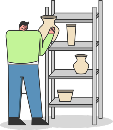 Artista de cerámica colocando una vasija de barro en un armario  Ilustración