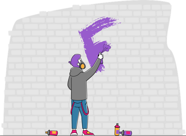 Artista callejero con respirador pintando graffiti en la pared  Ilustración