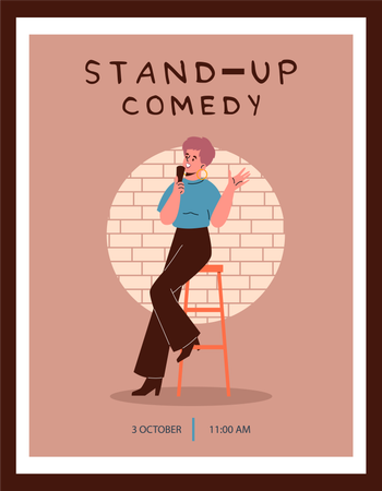 Artista comediante con micrófono realizando un espectáculo de comedia stand-up en el escenario  Illustration