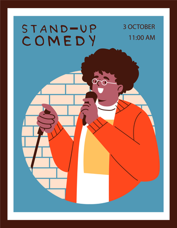 Artista cómico con micrófono realizando un espectáculo de comedia stand-up en el escenario  Illustration