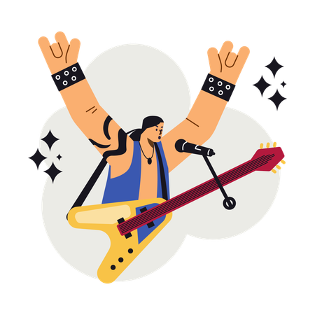 O popular artista de banda de rock com guitarra levantou as mãos em gestos desproporcionais  Illustration