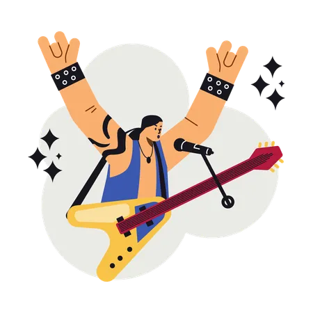 O popular artista de banda de rock com guitarra levantou as mãos em gestos desproporcionais  Illustration