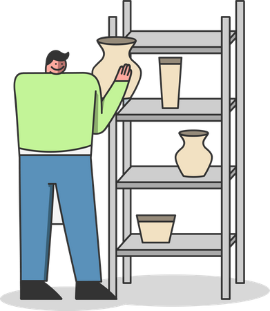 Artista de cerâmica colocando pote de barro no armário  Ilustração