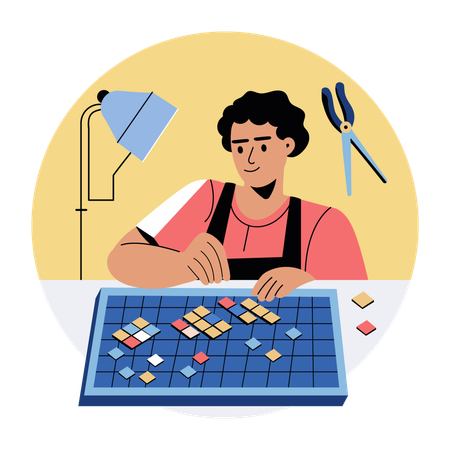 Artista de mosaico haciendo un diseño.  Ilustración