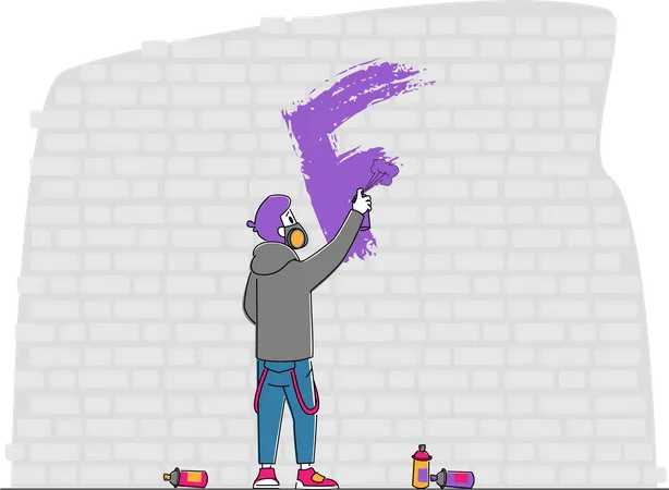 Artista de rua com respirador pintando graffiti na parede  Ilustração
