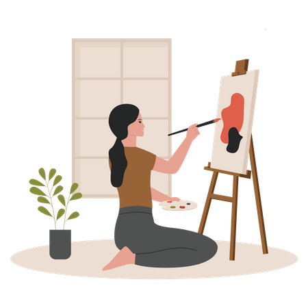 Artista femenina haciendo pintura sobre lienzo  Ilustración