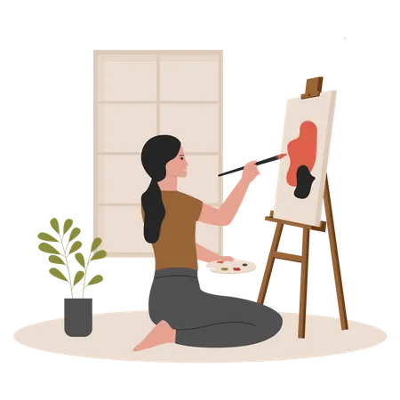 Artista femenina haciendo pintura sobre lienzo  Ilustración