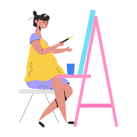 Artista femenina haciendo pintura sobre lienzo  Ilustración