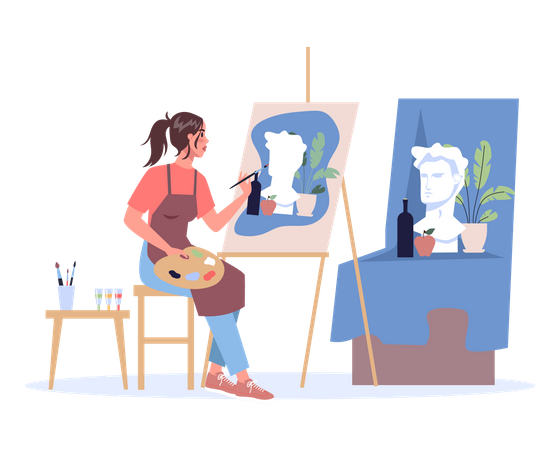 Artista feminina desenha uma pintura  Ilustração