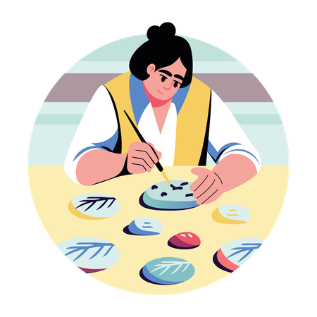 Artista feminina fazendo pintura em pedra  Ilustração