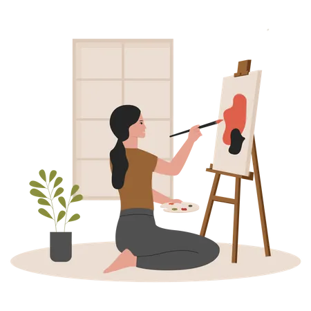 Artista feminina fazendo pintura em tela  Ilustração