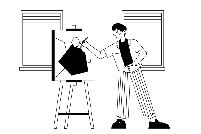 Artista masculino desenhar pintura em tela  Ilustração