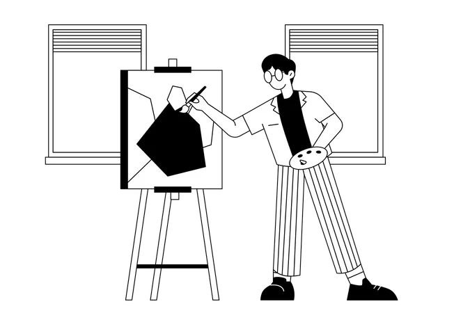 Artista masculino desenhar pintura em tela  Ilustração