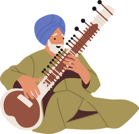 Músico artista indiano tocando cítara  Ilustração