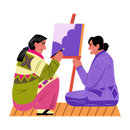Artista indígena haciendo pintura sobre lienzo  Ilustración