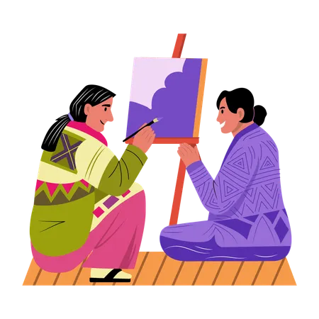 Artista indígena haciendo pintura sobre lienzo  Ilustración