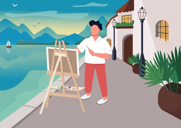 Artista pintando en la playa  Ilustración