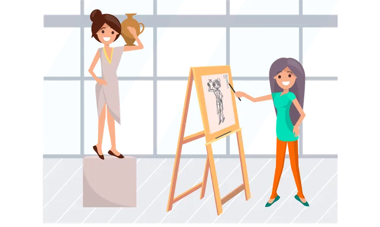 Cours de portrait de femme artiste et de modèle posant  Illustration