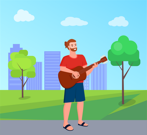 Artiste de guitare jouant de la guitare dans le parc  Illustration