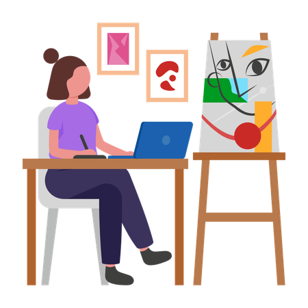 Artiste indépendant travaillant sur un ordinateur portable  Illustration