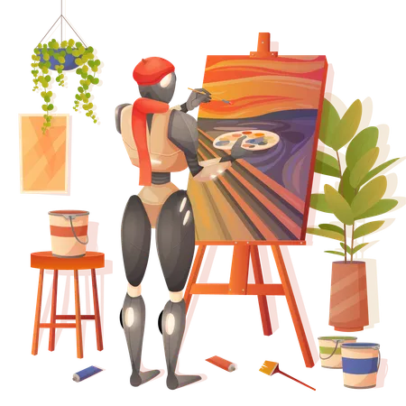Artwork Creation With AI Vector Illustration Cartoon Cute Robot Character With Artists Beret And Scarf Holding Brush And Palette To Paint Creative Picture On Easel Drawing Process Automation Illustration