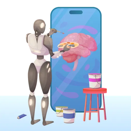 Artwork Creation With Mobile Phone App Vector Illustration Cartoon Robot Artist Character Painting Creative Digital Picture Of Human Brain With Brush And Paints On Smartphone Screen AI Generated Art Illustration