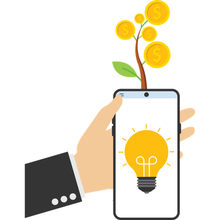 Árvore de dinheiro a partir de ideia de bulbo no celular  Ilustração