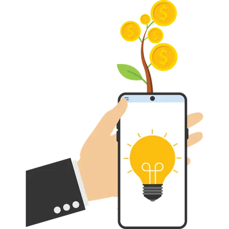 Árvore de dinheiro a partir de ideia de bulbo no celular  Ilustração