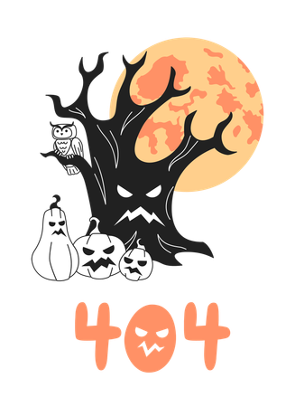Árvore de Halloween com abóboras assustadoras e lua cheia  Ilustração